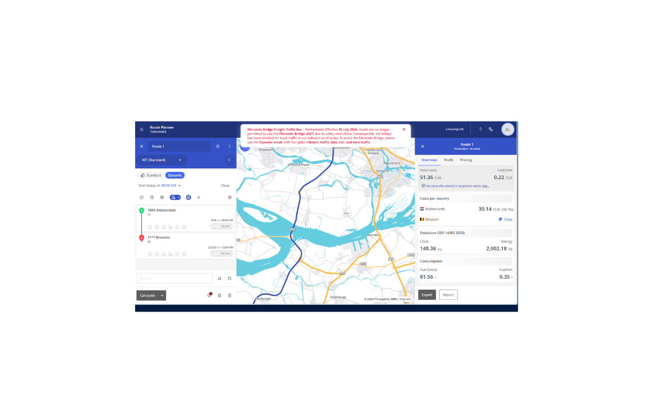 PTV Logistics enables compliant route planning following Merwede Bridge truck restrictions 