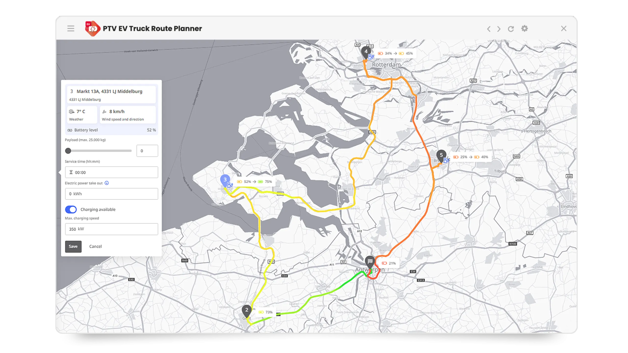 PTV EV Truck Route Planner | Charging optimization