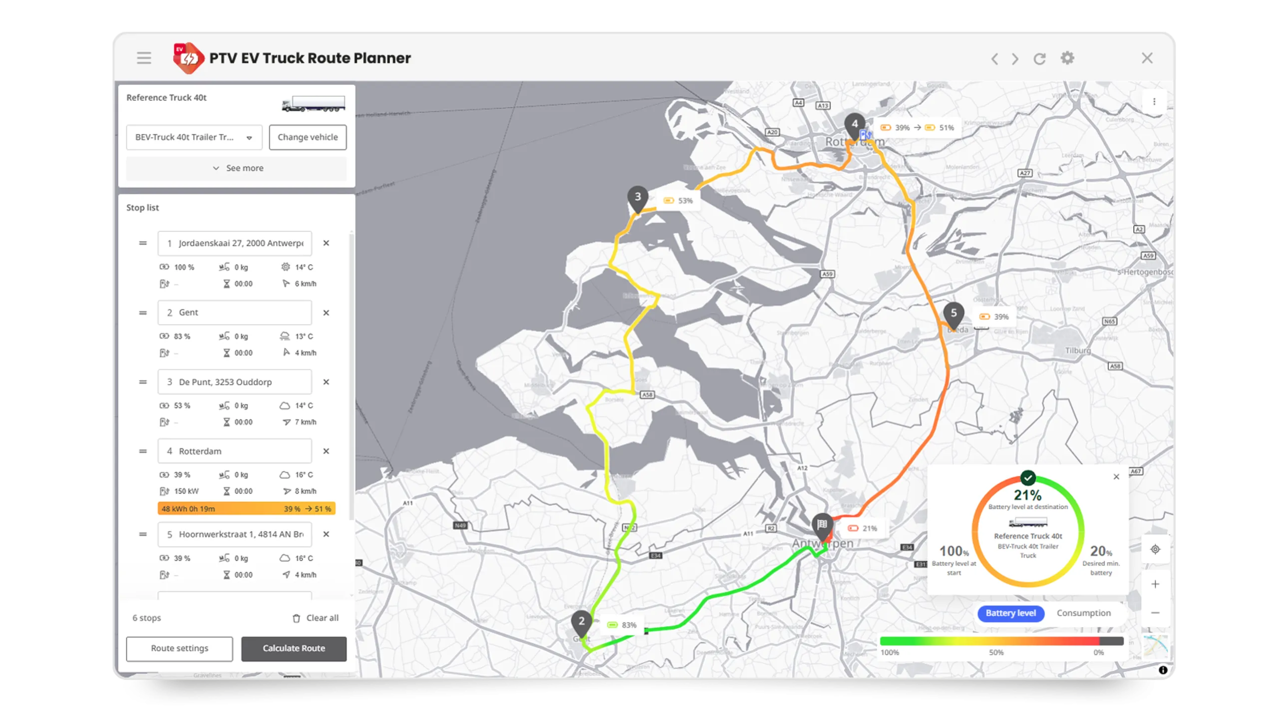 PTV EV Truck Route Planner | Planned route
