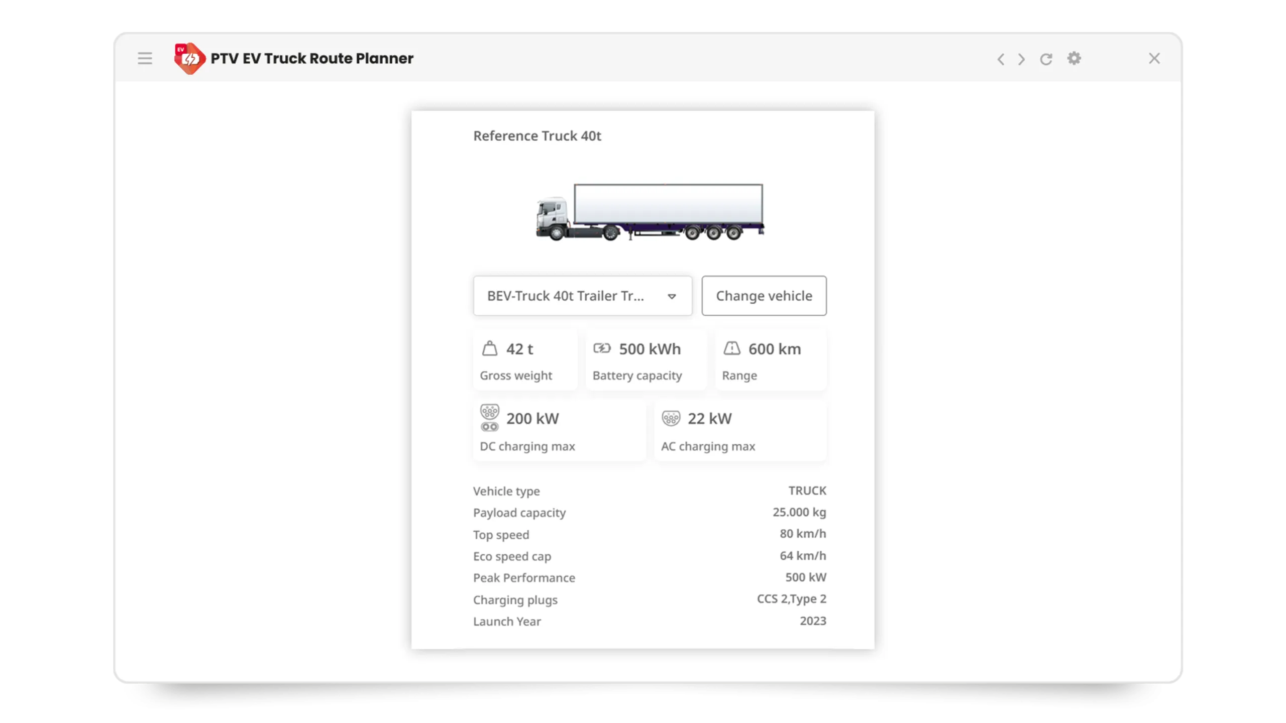 PTV EV Truck Route Planner | Vehicle details