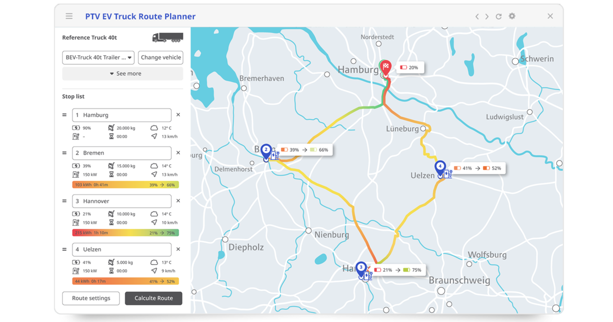 Plan electric fleets routes with PTV EV Truck Route Planner | PTV Logistics